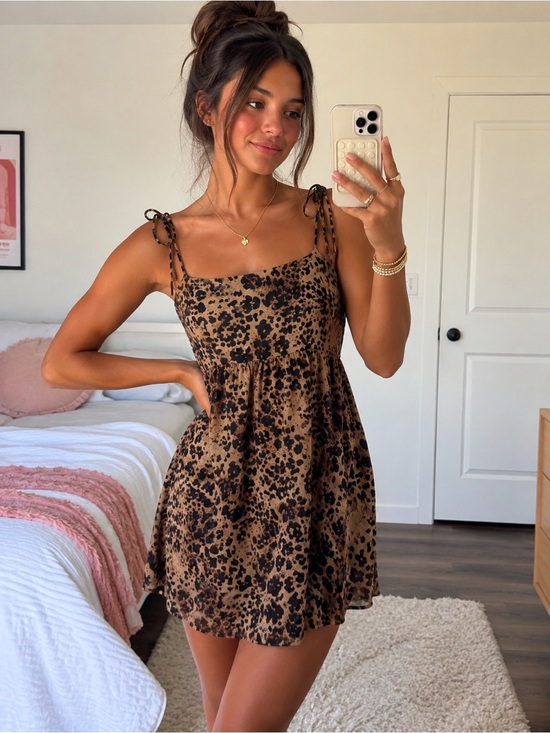 Wild Honey Dresses & Skirts - Wild Honey Leopard-Print Tie-Strap Mini Dress - Brown/Black